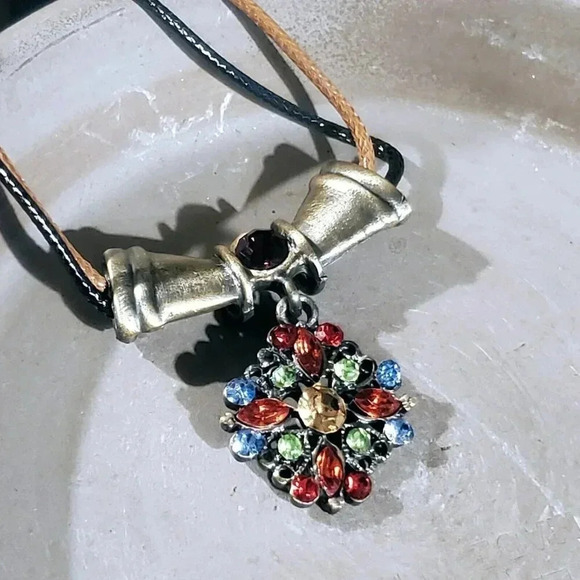 Rustic Antique Bronze Rhinestones Geometric Pendant Necklace Vegan Leather - Picture 3 of 10